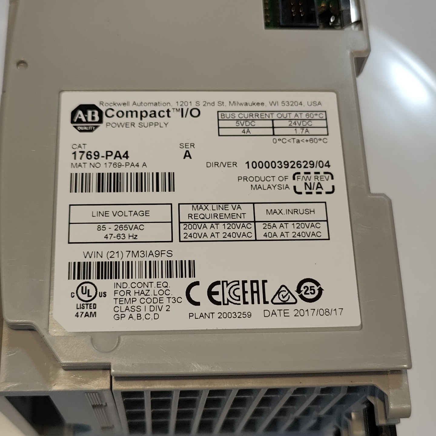Allen Bradley 1769-PA4 Compact I/O Series A Power Supply