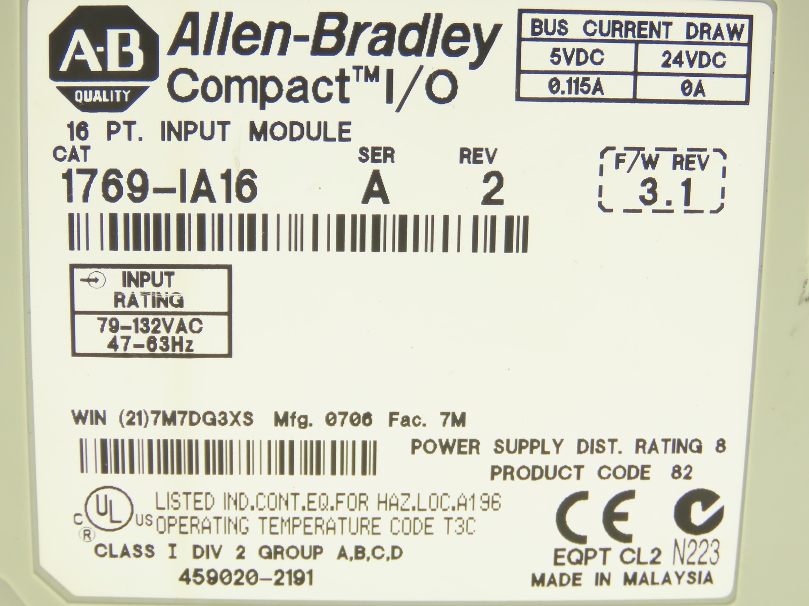 Allen Bradley 1769-IA16 Compact Logix I/O Input Module 16Pt Ser A Rev 2