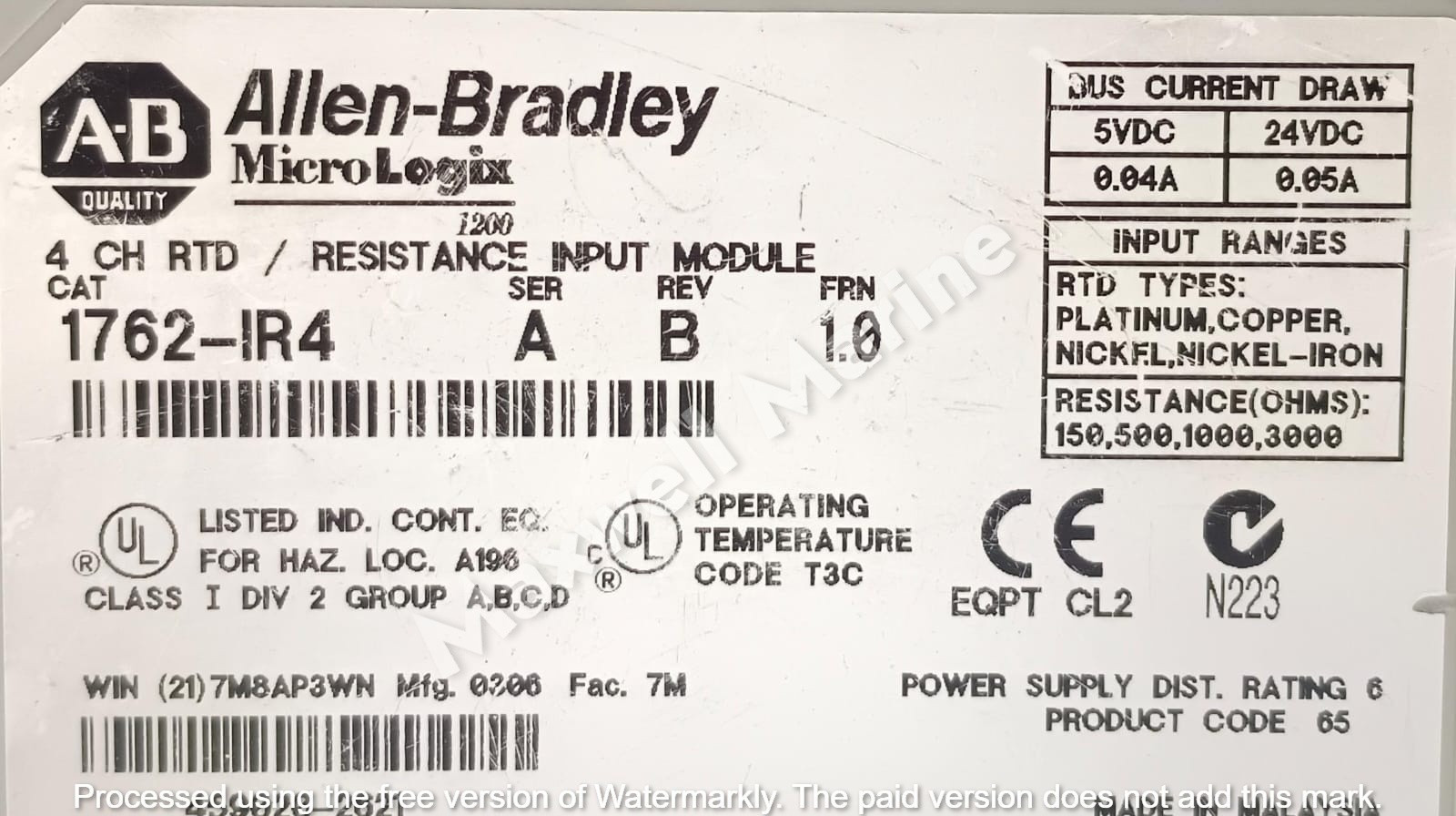 Allen-Bradley 1762-IR4 MicroLogix 1200 4 CH RTD Resistance Input Module Ser A Re