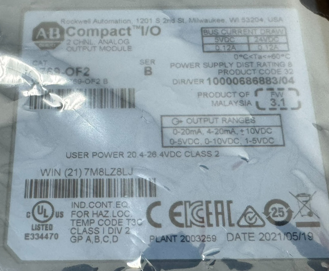 NEW ALLEN BRADLEY 1769-OF2 COMPACT I/O ANALOG OUTPUT SER. B 1769OF2