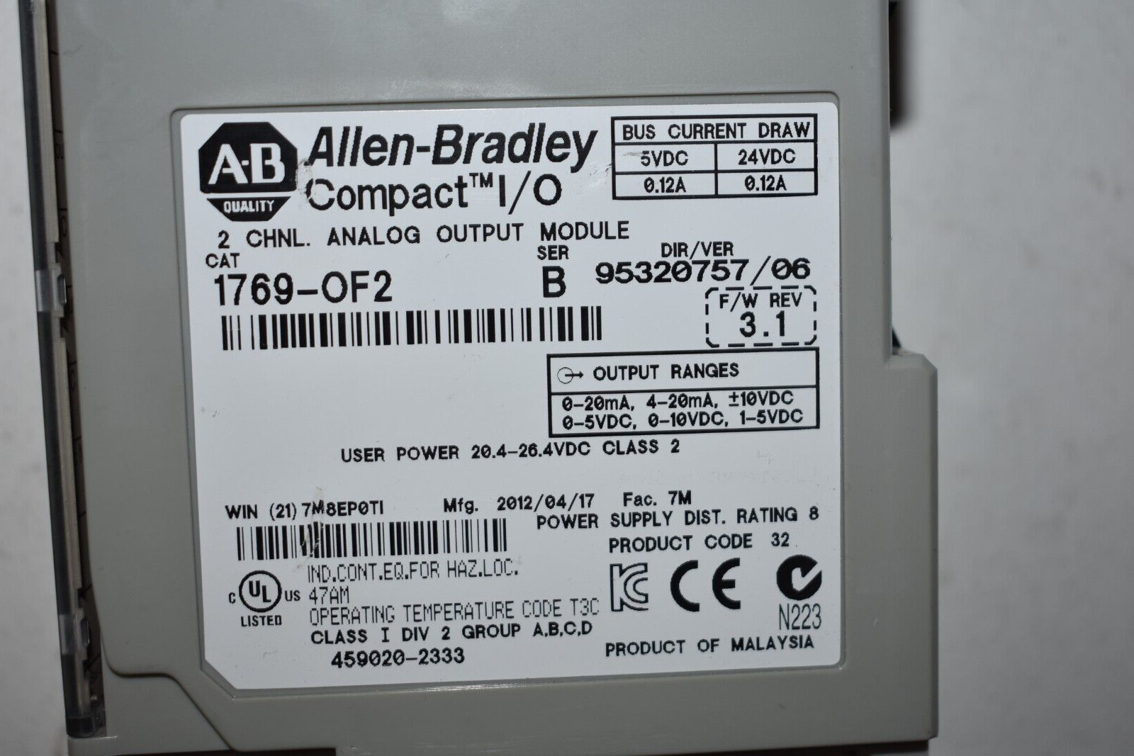 1769-OF2 ALLEN BRADLEY COMPACTLOGIX ANALOG OUTPUT