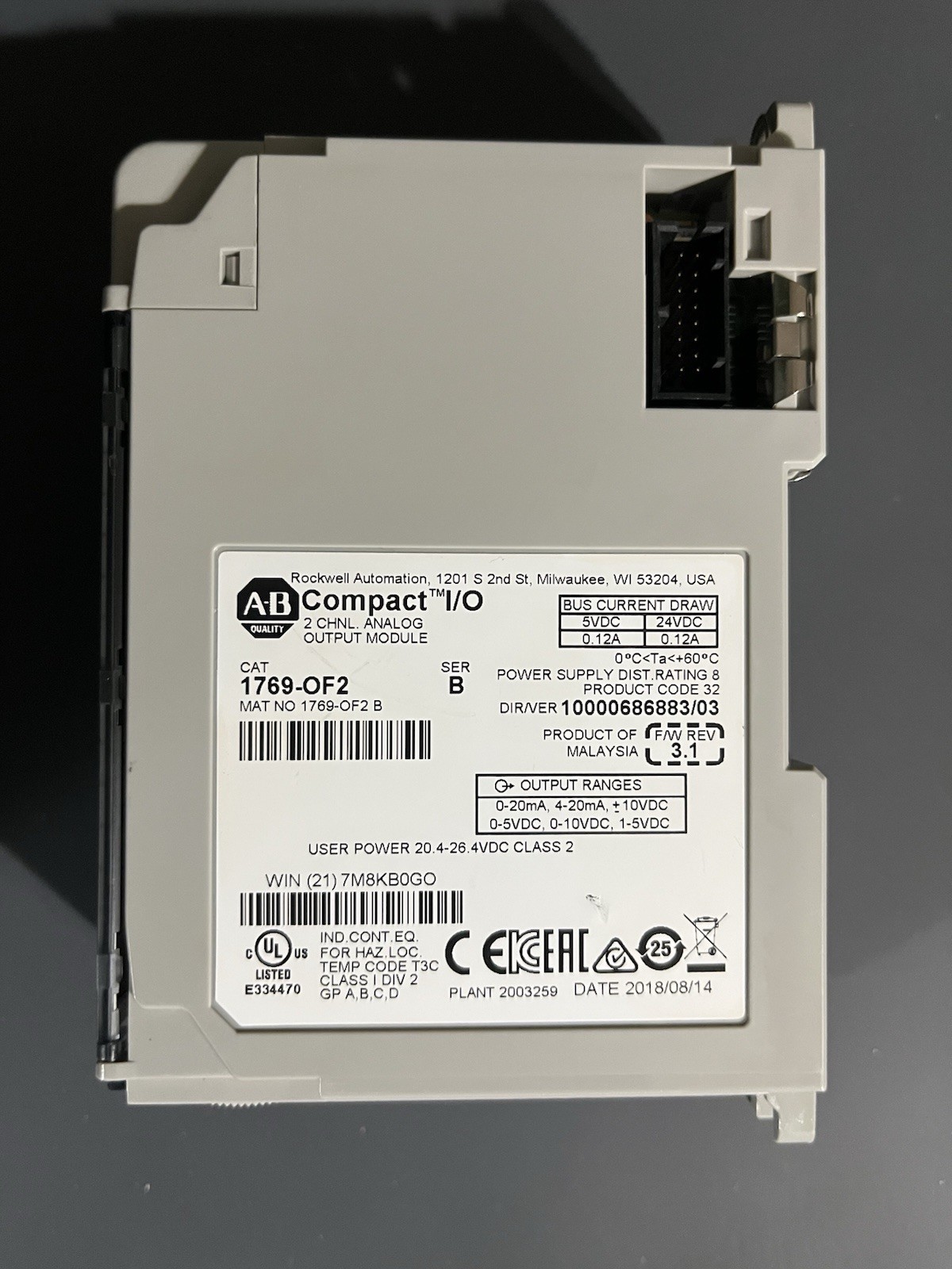 Allen-Bradley 1769-OF2 Analog Output Module CompactLogix PLC