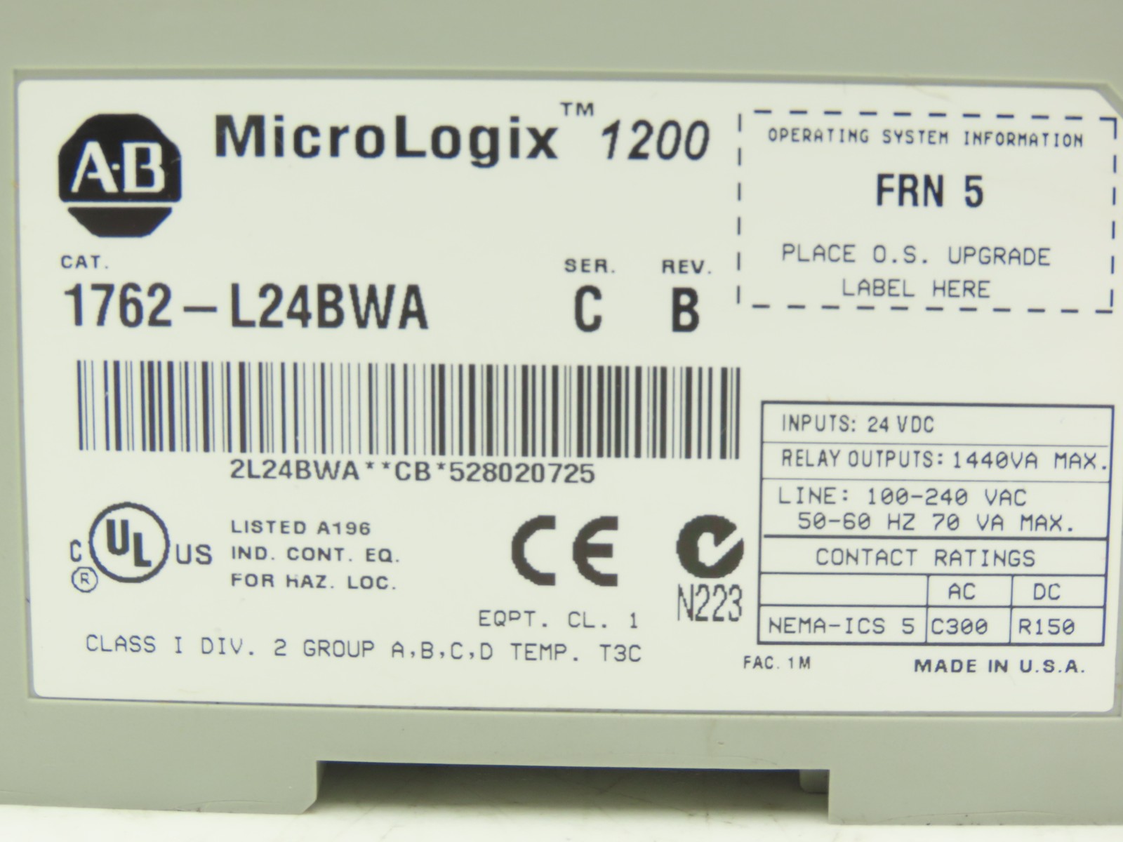 Allen Bradley 1762-L24BWA MicroLogix 1200 PLC Controller I/O Module Ser C Rev B