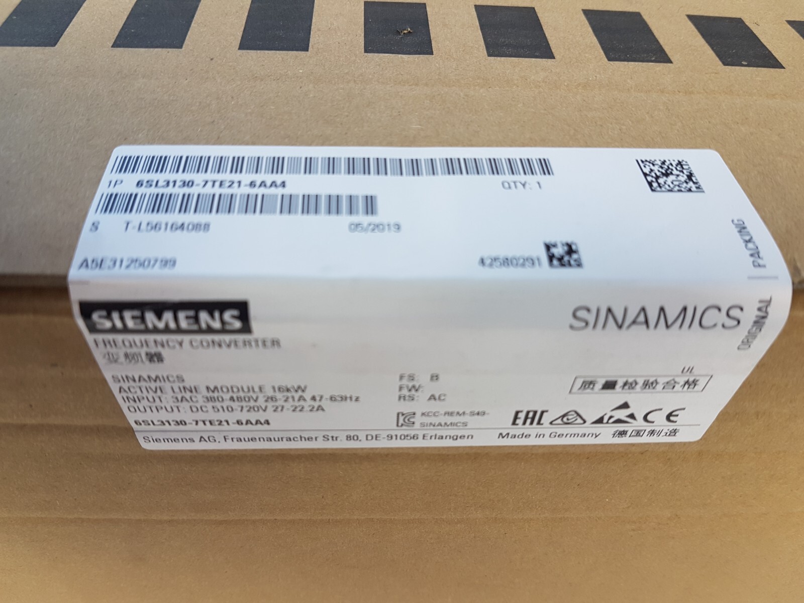 Siemens 6SL-3130-7TE21-6AA4 Sinamics Active Line Module 16kW – Unused Sealed