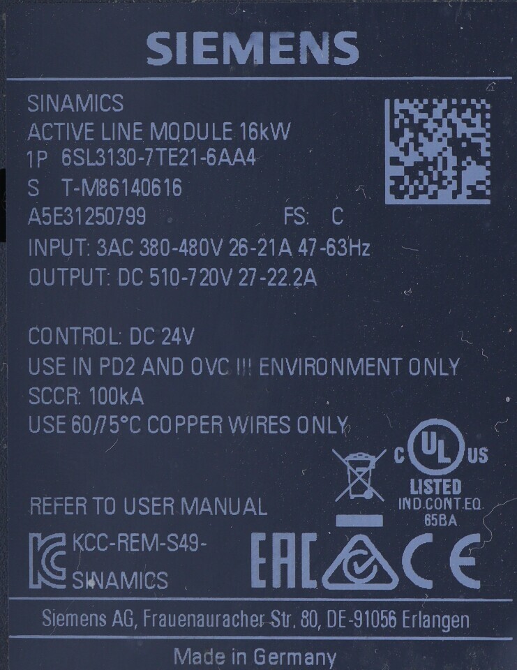 * SIEMENS SINAMICS 6SL3130-7TE21-6AA4 ACTIVE LINE MODULE