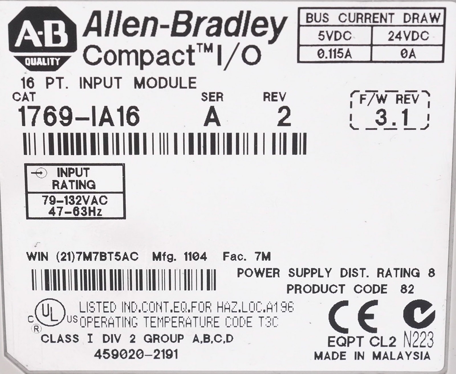 Allen Bradley 1769-IA16 /A Rev 2 CompactLogix 16-Pt Input Module 1769IA16