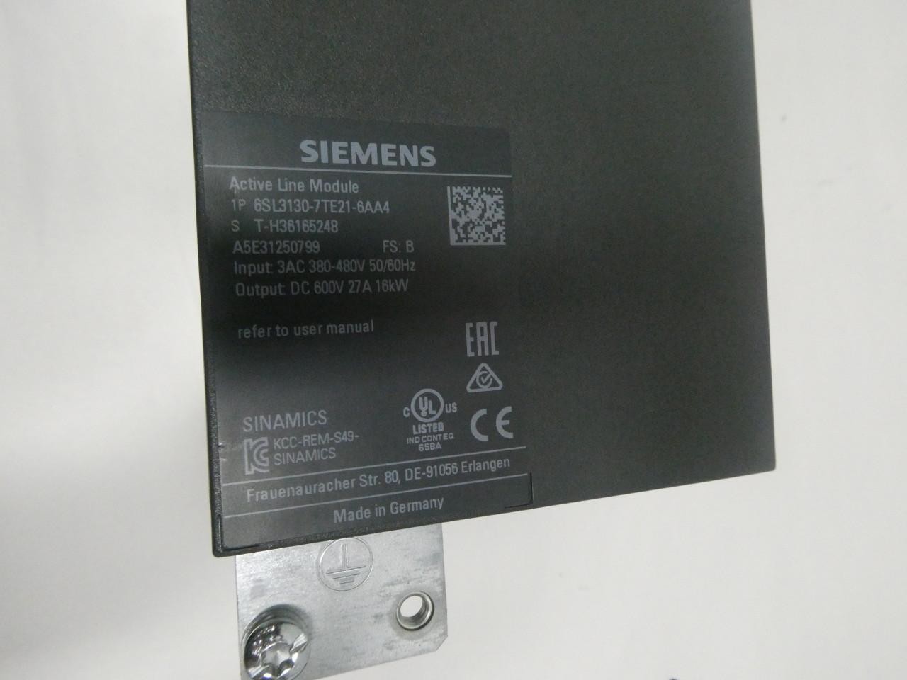 Siemens 6SL3130-7TE21-6AA4 Sinamics Active Line Module Servo Drive