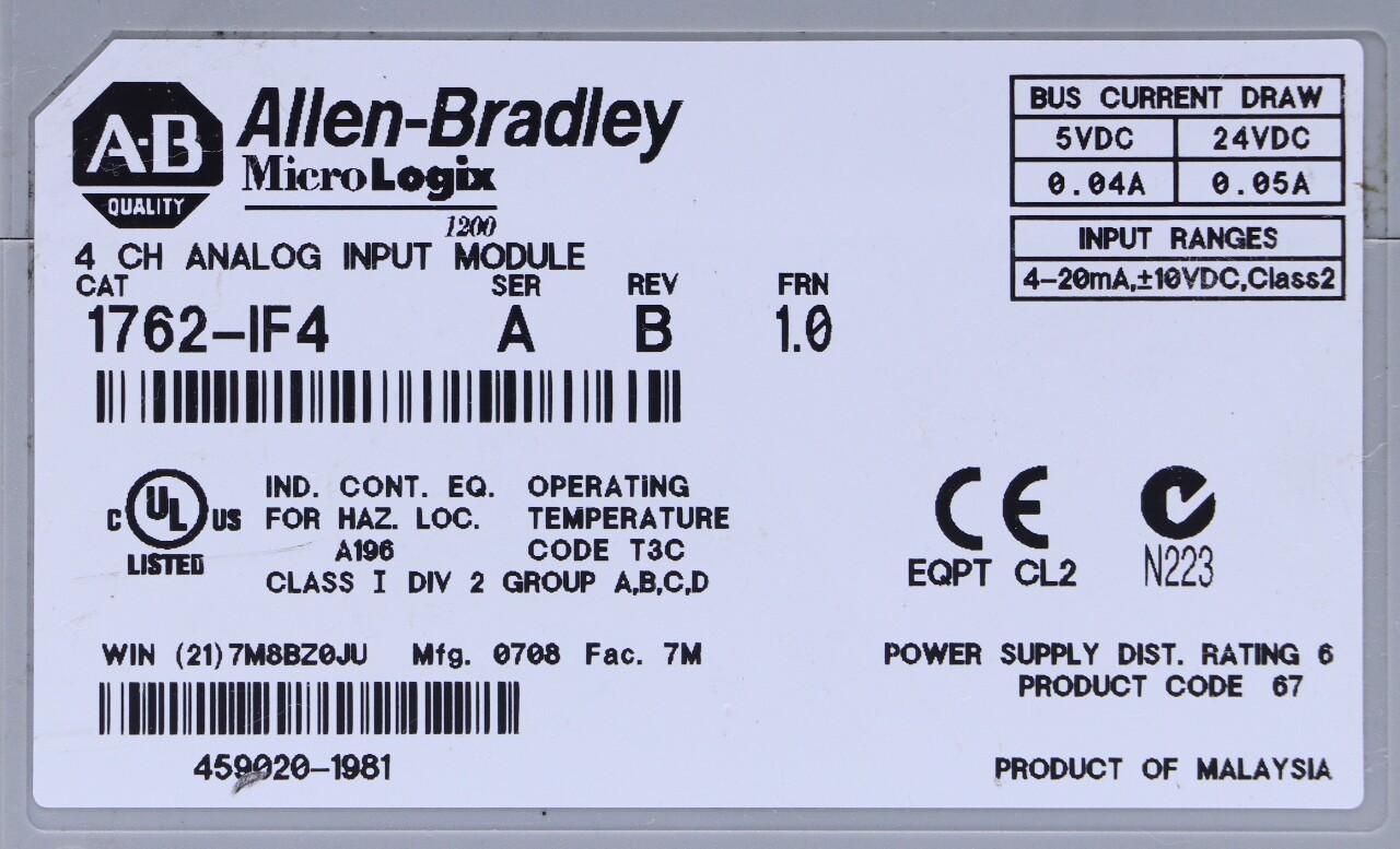 * ALLEN BRADLEY MICROLOGIX 1200 1762-IF4 SER A 4 CHANNEL ANALOG INPUT MODULE