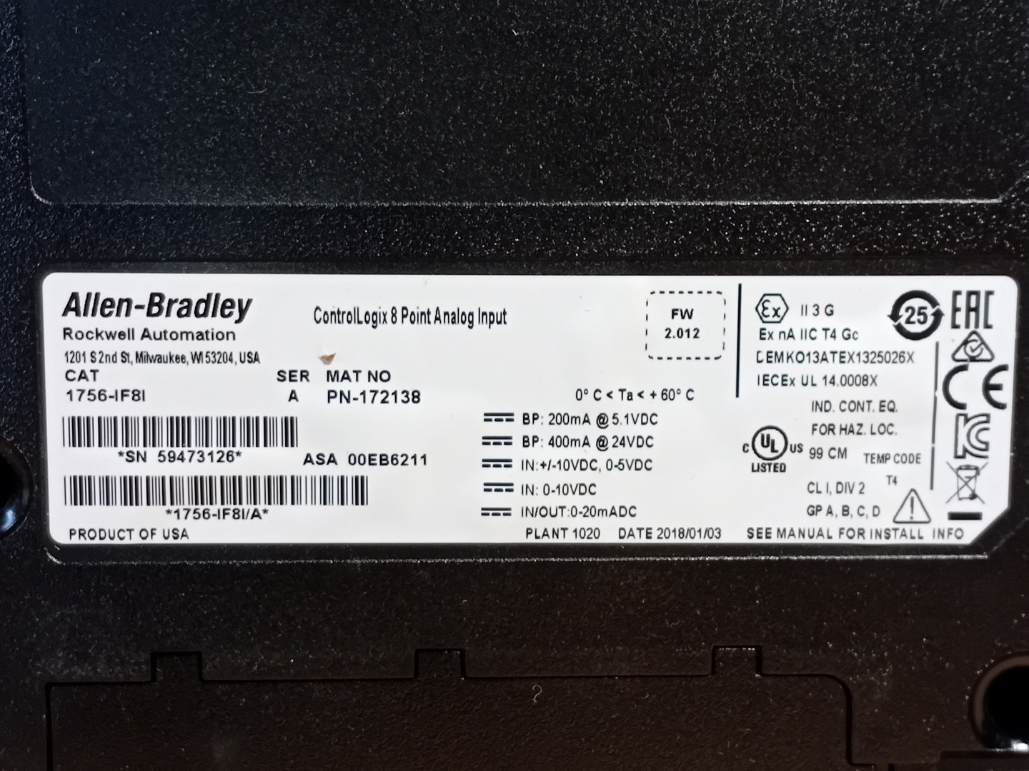 2018 ALLEN-BRADLEY 1756-IF8I ControlLogix 8 Point Analog Input – Electrical