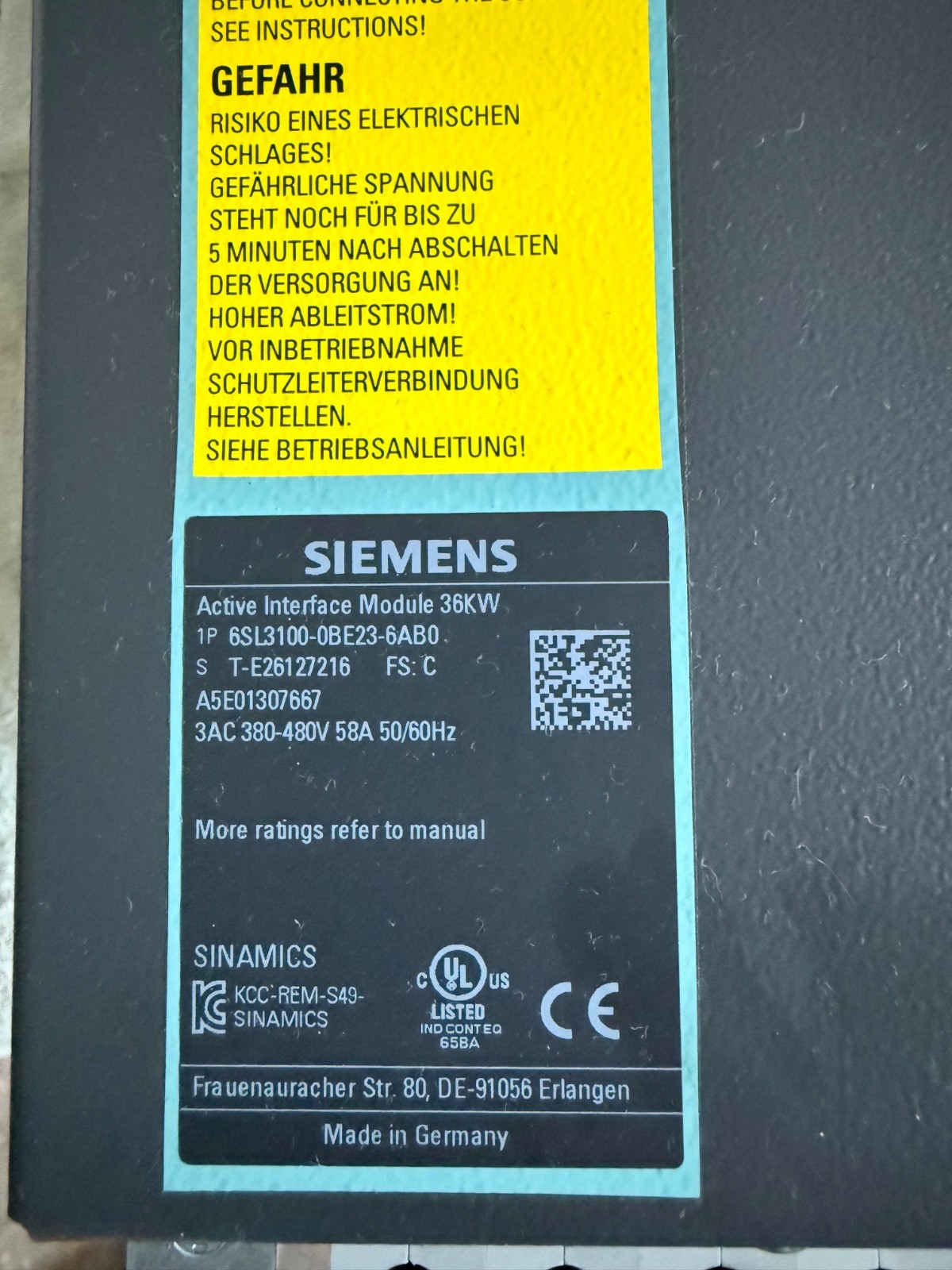 Siemens SINAMICS Active Interface Module 36kW | 6SL3100-0BE23-6AB0 | 380–480V