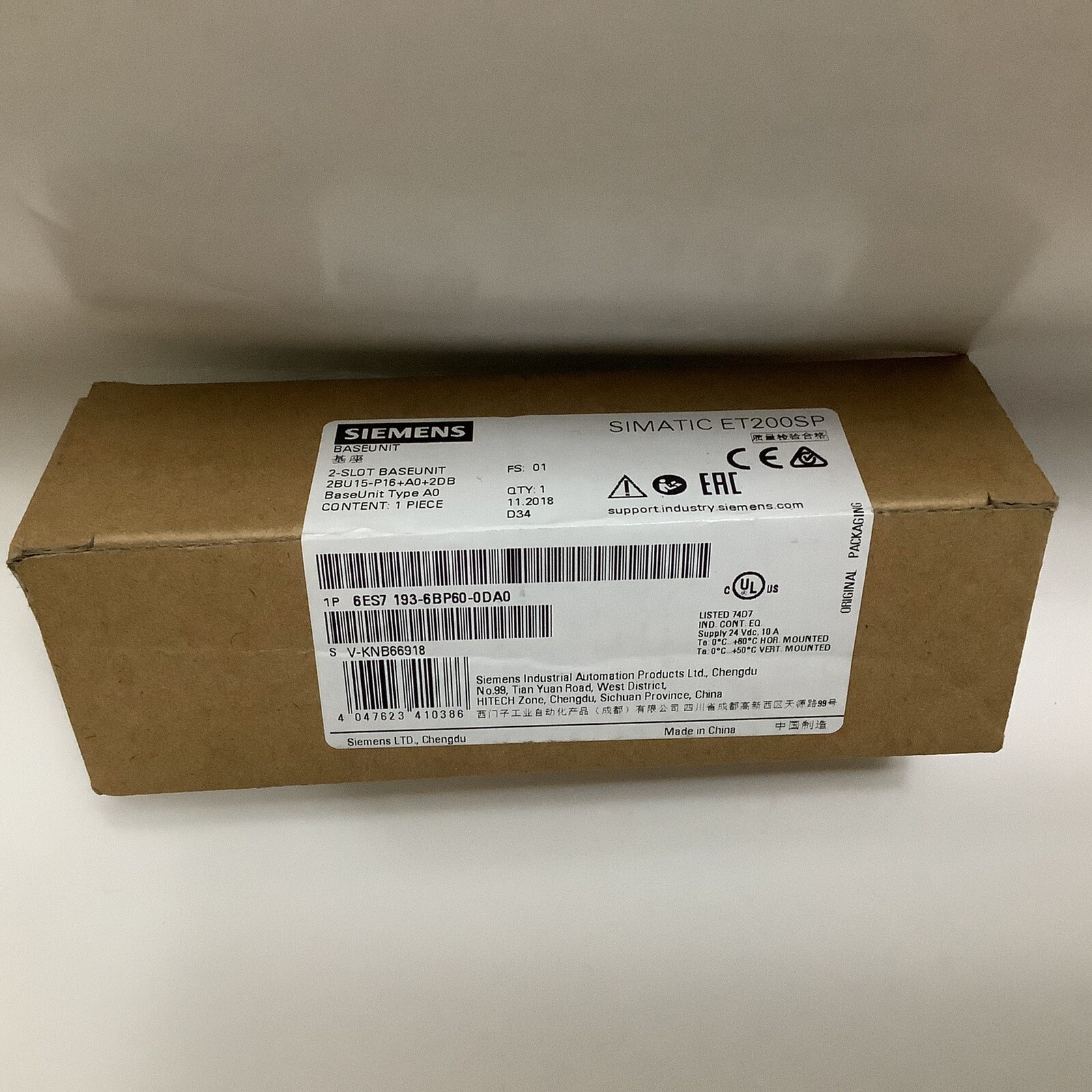 SIEMENS 6ES7 193-6BP60-0DA0 Base Unit 6ES7193-6BP60-0DA0 (New Sealed Package)