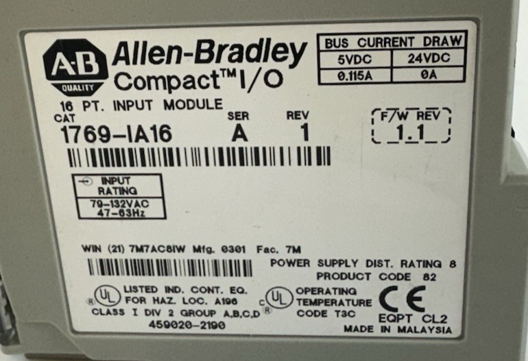 ALLEN-BRADLEY 1769-IA16 SER. A REV. 1 INPUT MODULE REV 1 F/W REV. 1.1