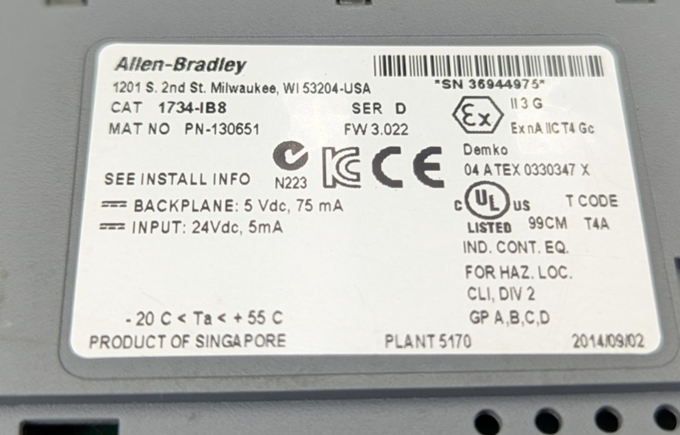 Allen Bradley 1734-IB8 Ser D Input Module F/W 3.022 1734 (TSC)