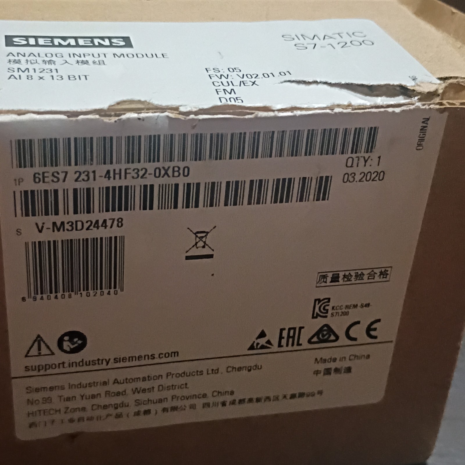 Siemens S7-1200 SM1231 Analog Input Module AI 8×13 Bit 6ES7 231-4HF32-0XB0