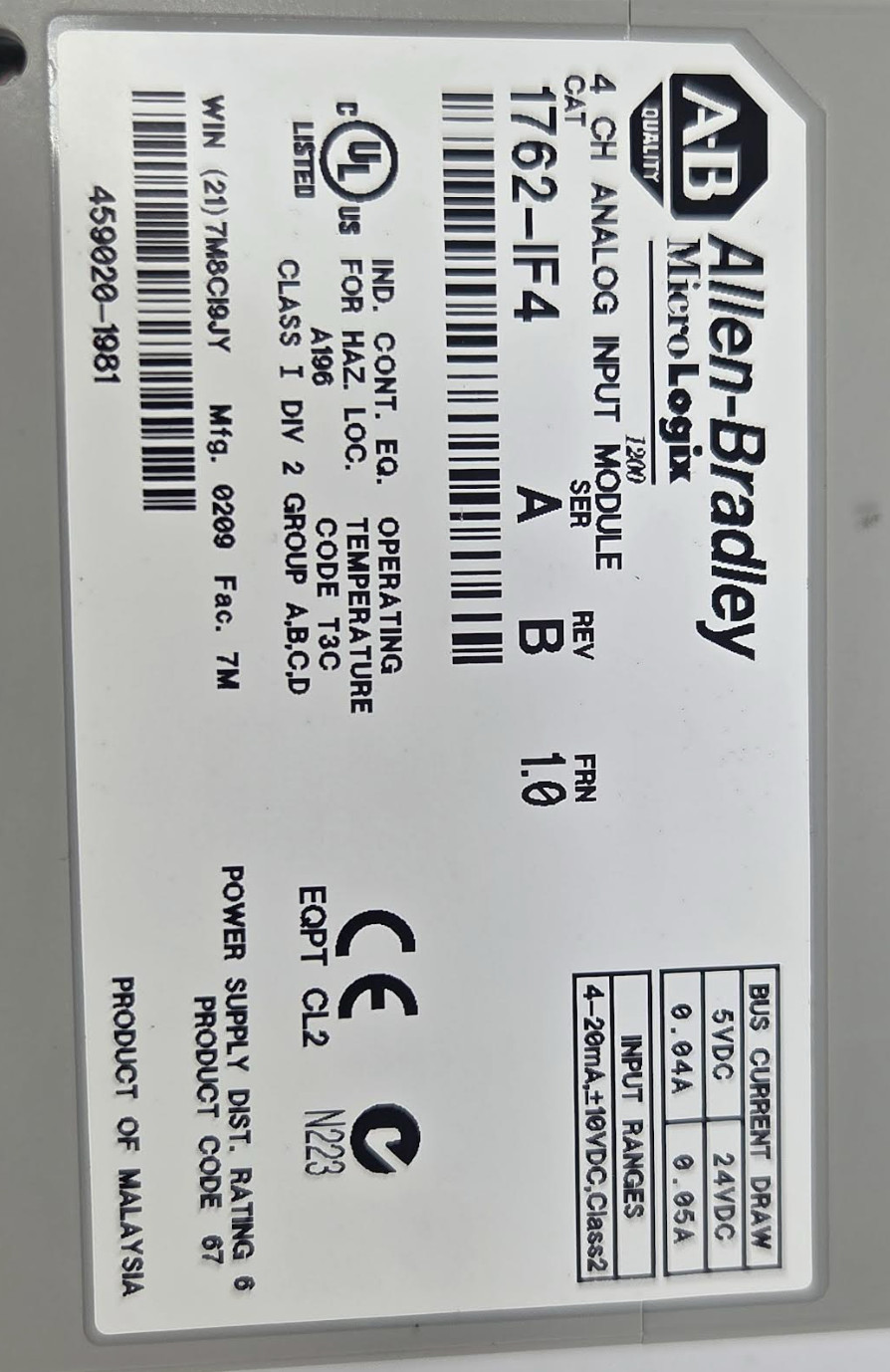 Allen-Bradley 1762-IF4 Ser A MicroLogix 1200 4-Ch Analog Input Module