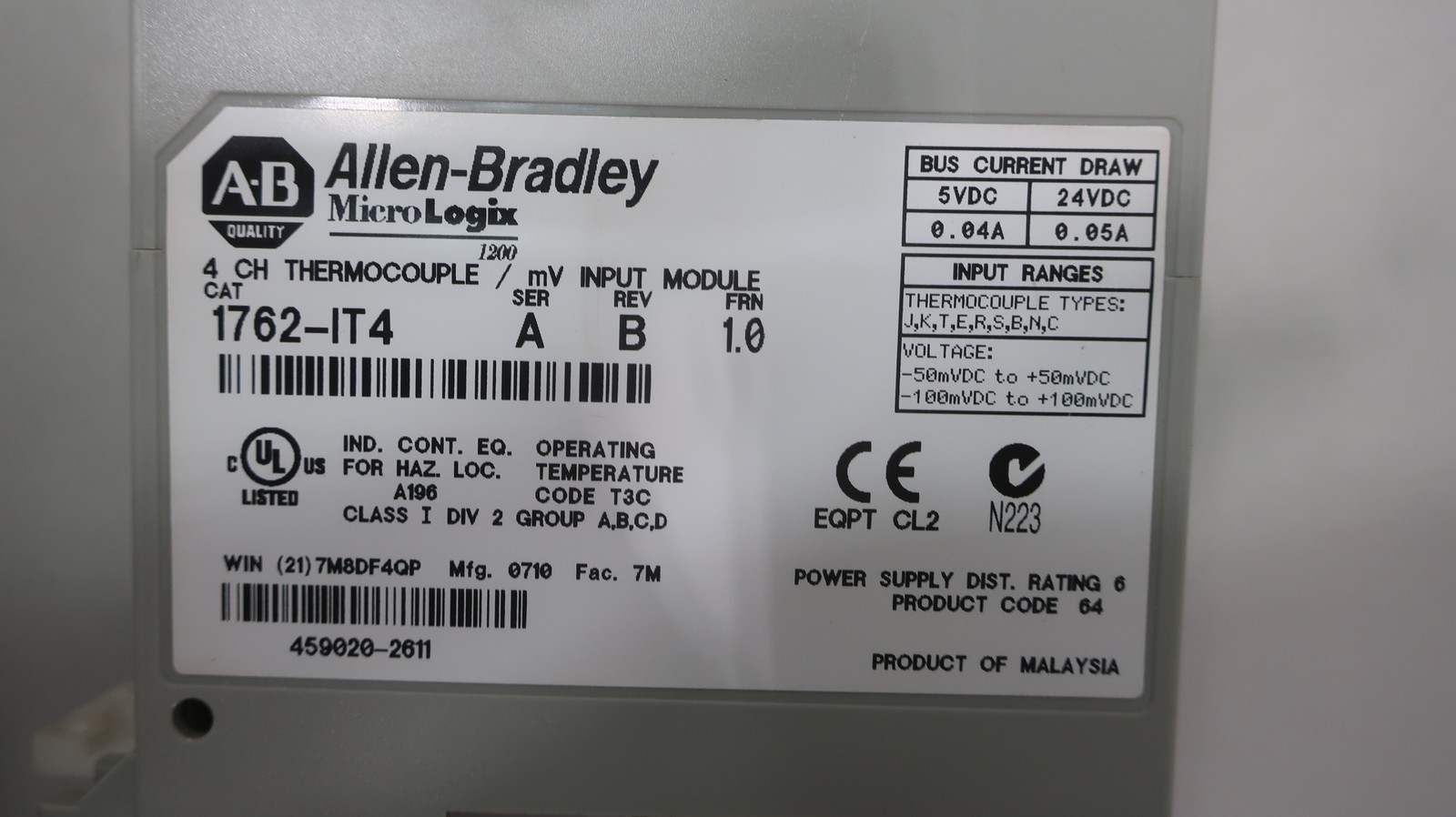 Allen Bradley 1762-IT4 Micrologix 1200 4 Ch Thermocouple Input Module Ser A
