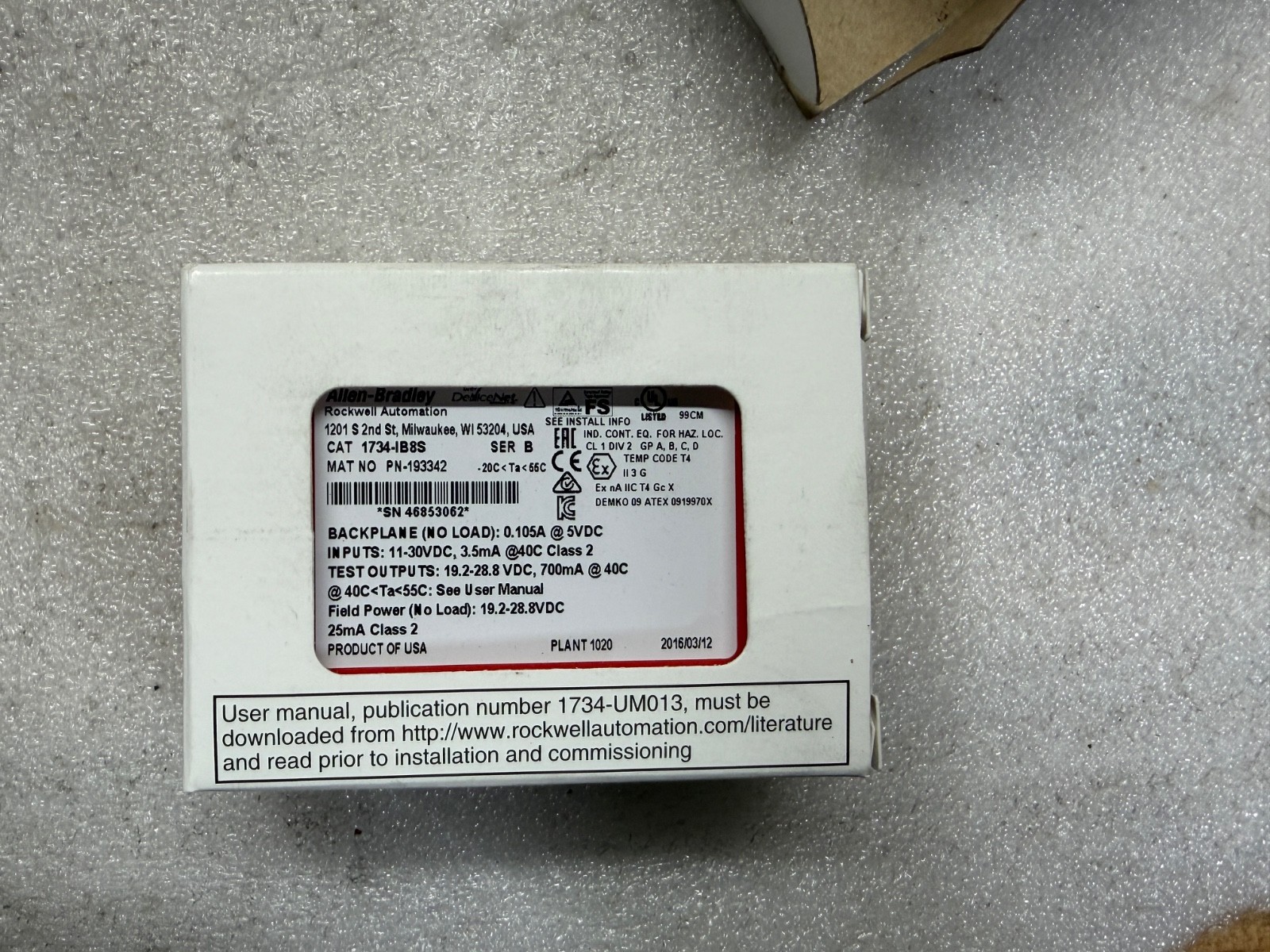 Allen Bradley CAT 1734-IB8S 8 channel sfty sinking inp mod 25132