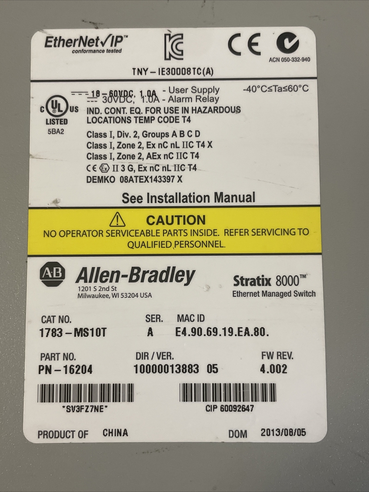 Refurbish Allen Bradley Stratix 8000 Ethernet Managed Switch, CAT: 1783-MS10T