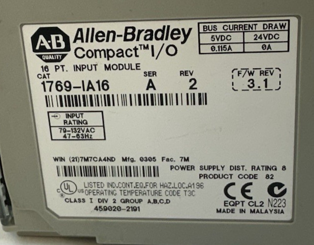 ALLEN-BRADLEY 1769-IA16 SER. A REV. 2 INPUT MODULE F/W REV. 3.1