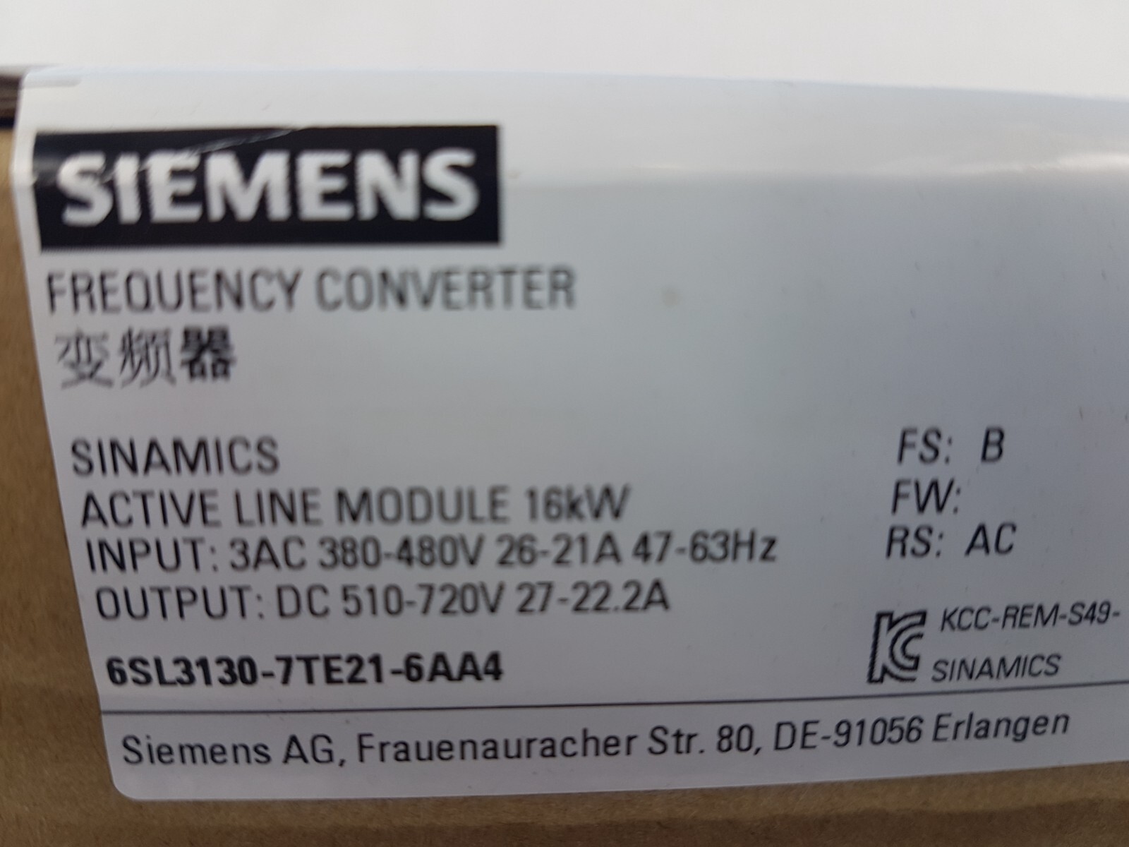Siemens 6SL-3130-7TE21-6AA4 Sinamics Active Line Module 16kW – Unused Sealed