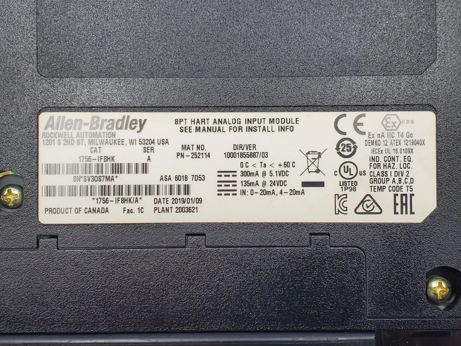 Allen Bradley 1756-IF8H /A Control Logix Hart Analog Input Module