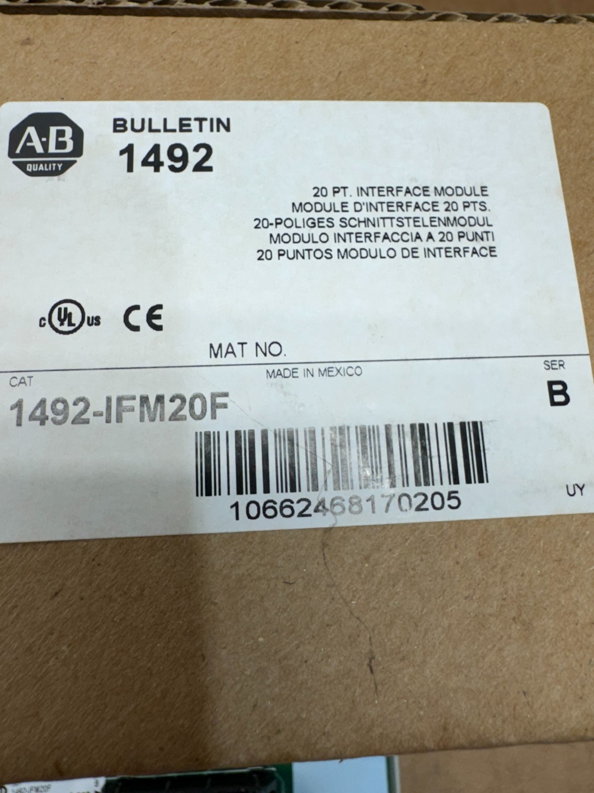 NEW IN BOX ALLEN-BRADLEY 20 PT. INTERFACE MODULE 1492-IFM20F SERIES B