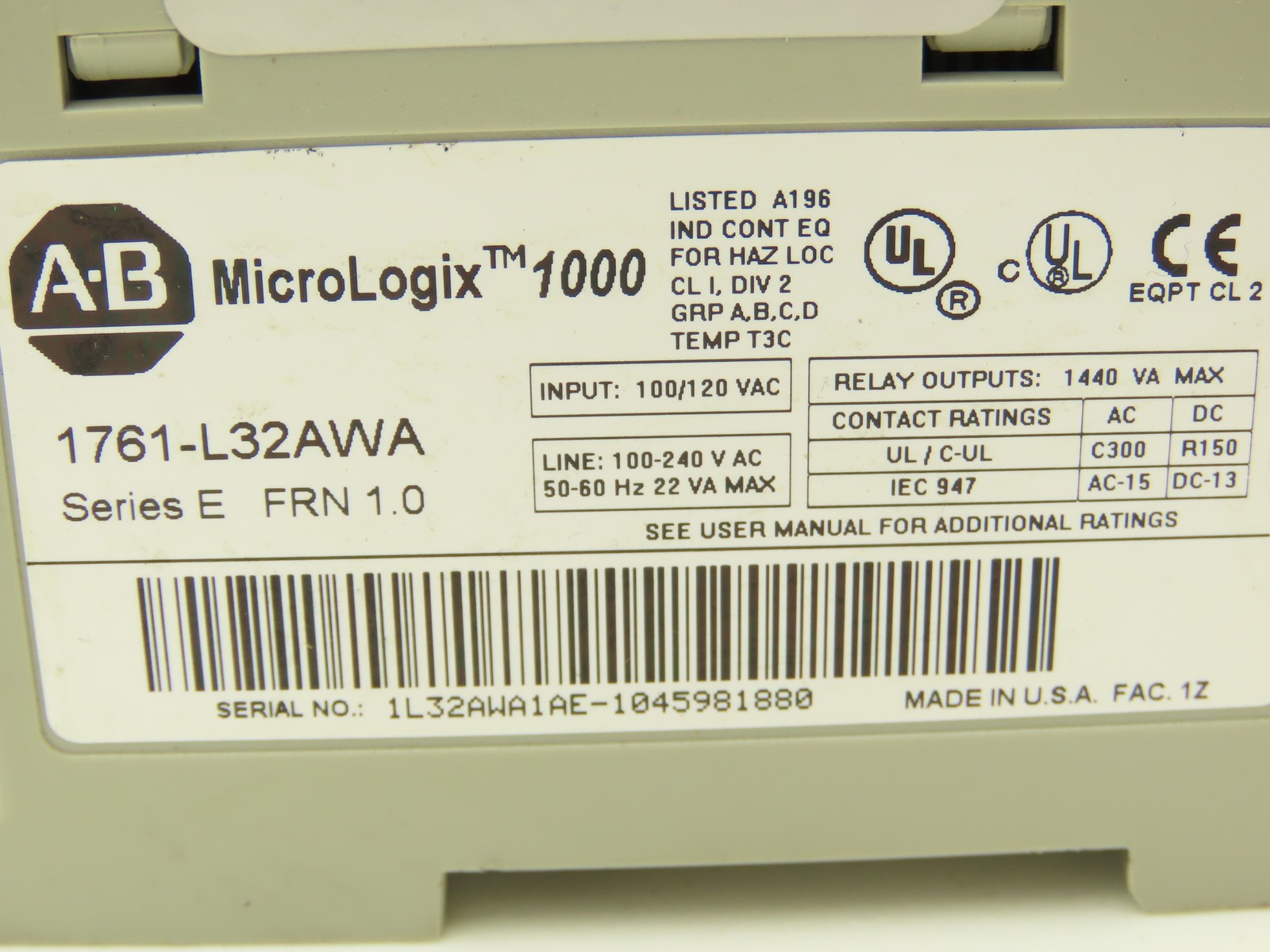 Allen Bradley 1761-L32AWA MicroLogix 1000 PLC Controller 100-240VAC Series E