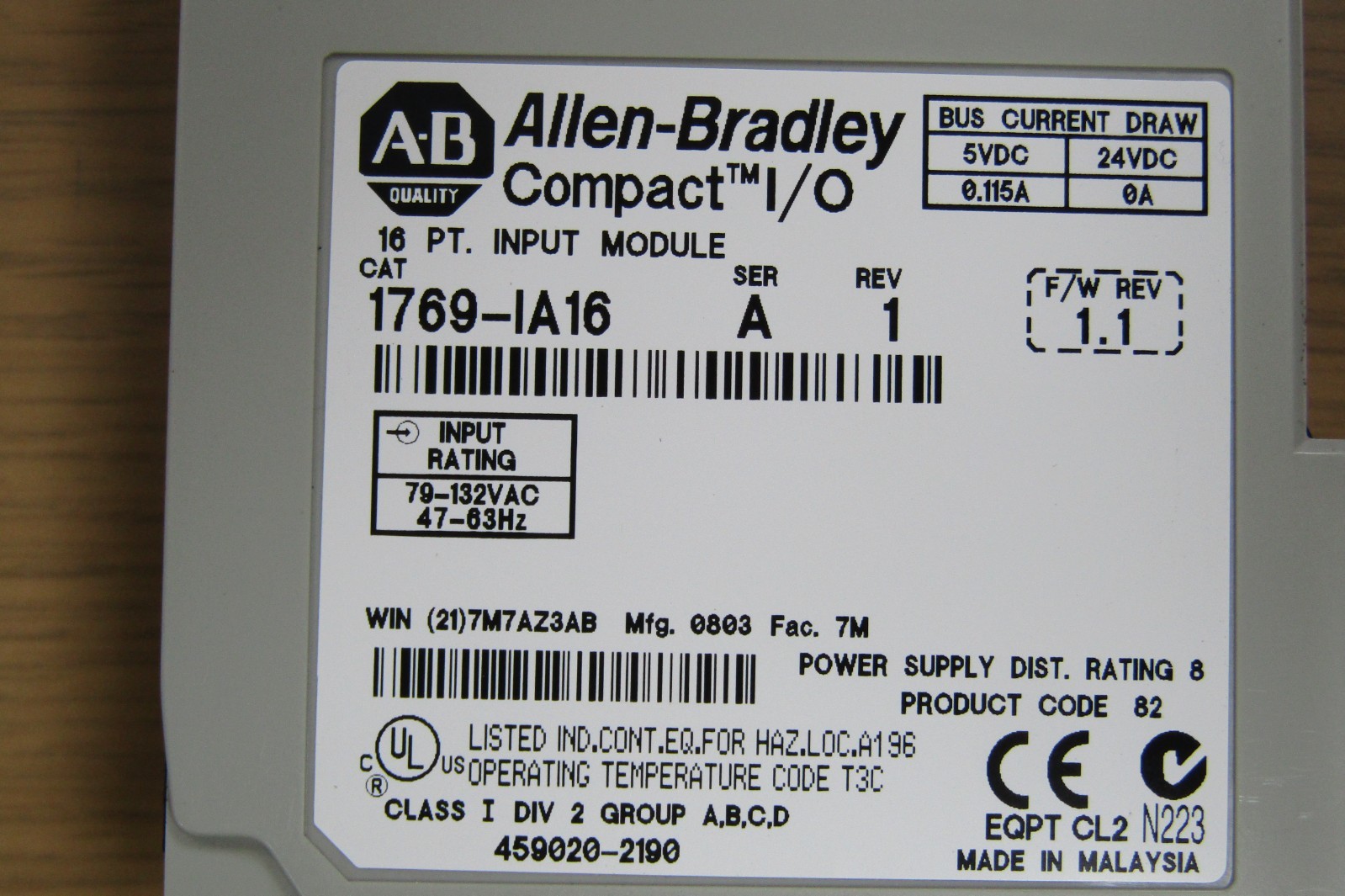😏 ALLEN-BRADLEY 16 PT INPUT MODULE .115 AMP 24 VDC 132 VAC SERIES A 1769IA16