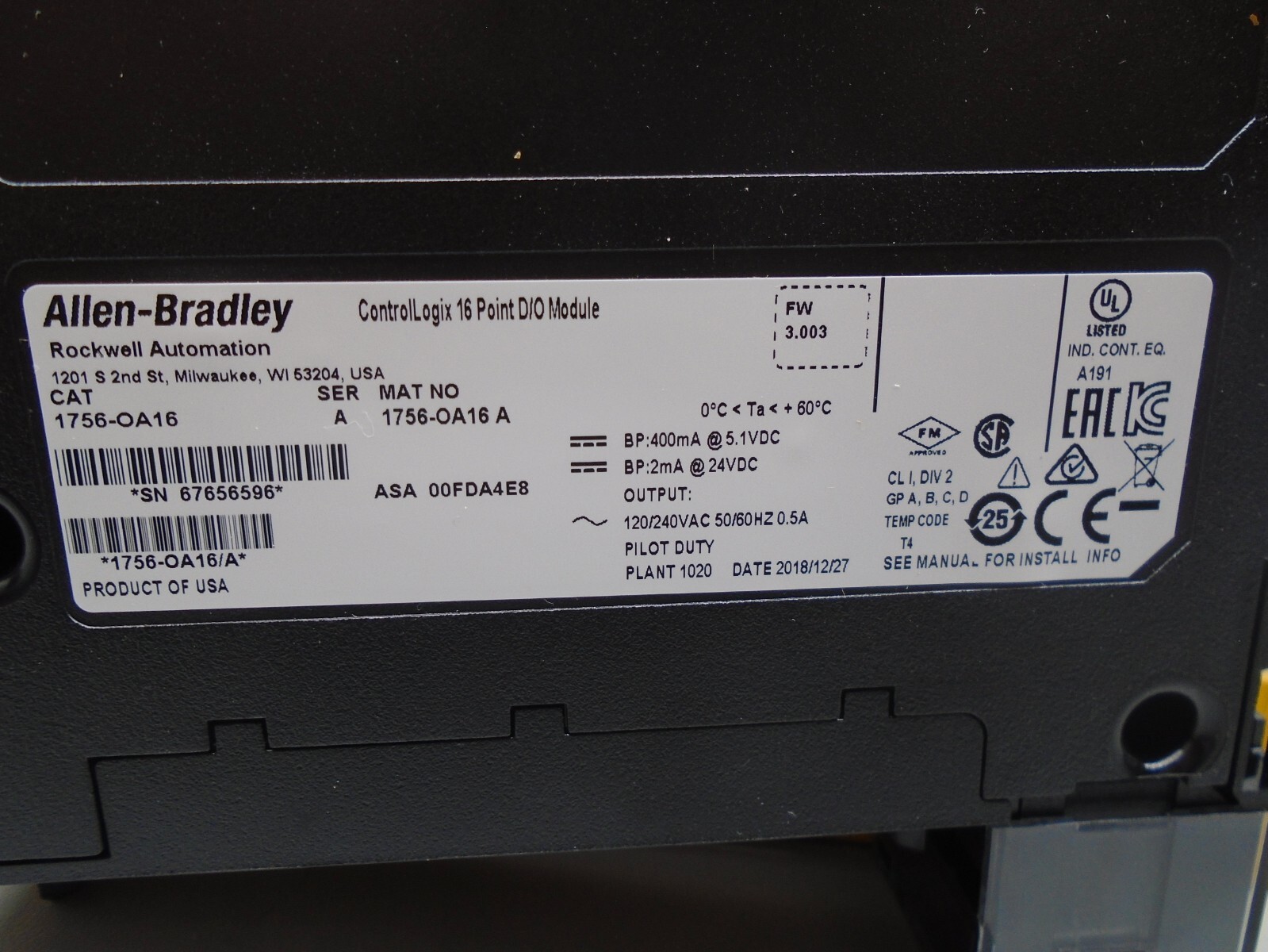 2018 Mfg Allen Bradley 1756-OA16 /A AC Output 1756-0A16 W109