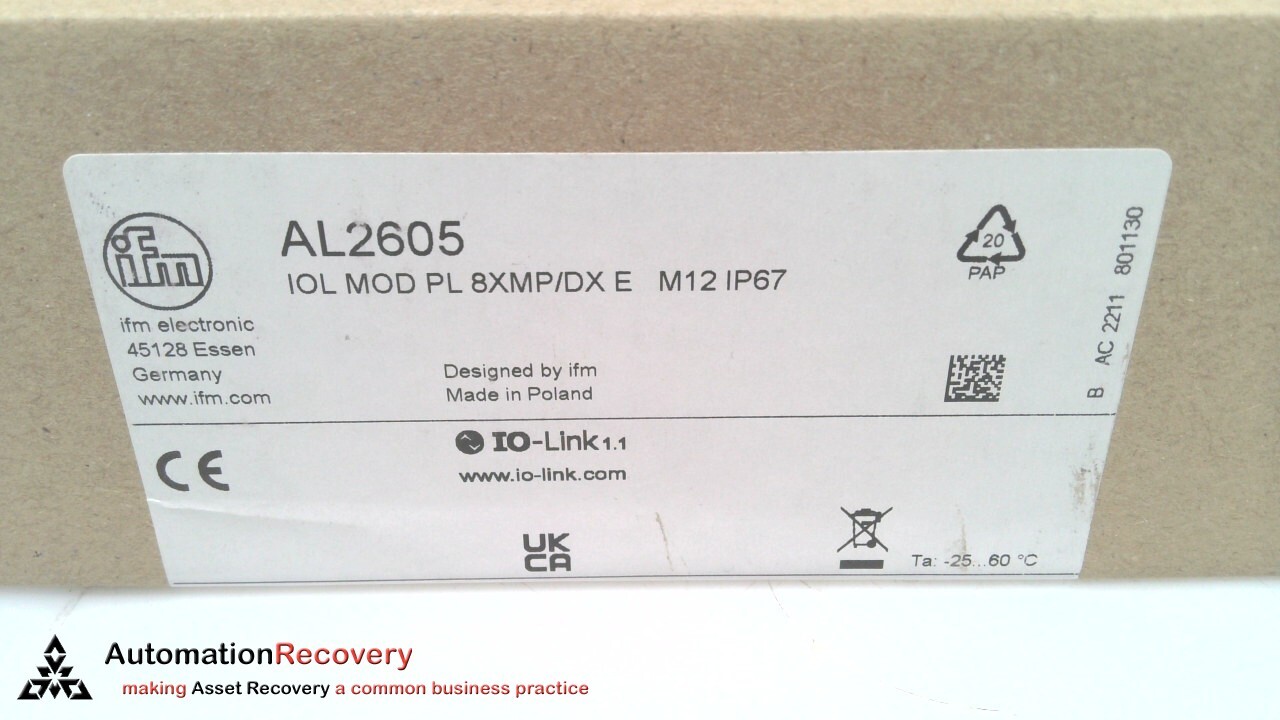 IFM AL2605 I/O MODULE, IOL MOD PL 8XMP/DX E M12 IP67, NEW #320887
