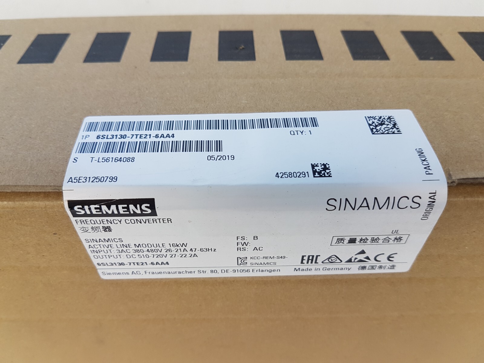 Siemens 6SL-3130-7TE21-6AA4 Sinamics Active Line Module 16kW – Unused Sealed