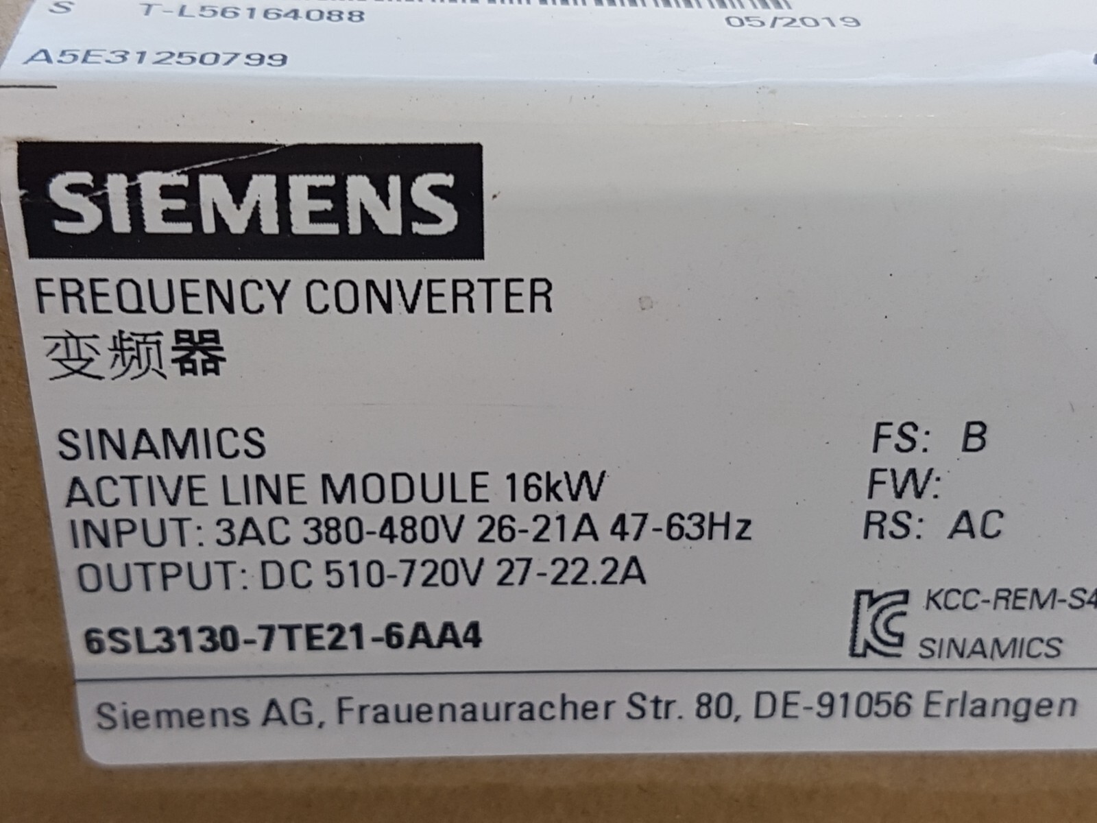 Siemens 6SL-3130-7TE21-6AA4 Sinamics Active Line Module 16kW – Unused Sealed