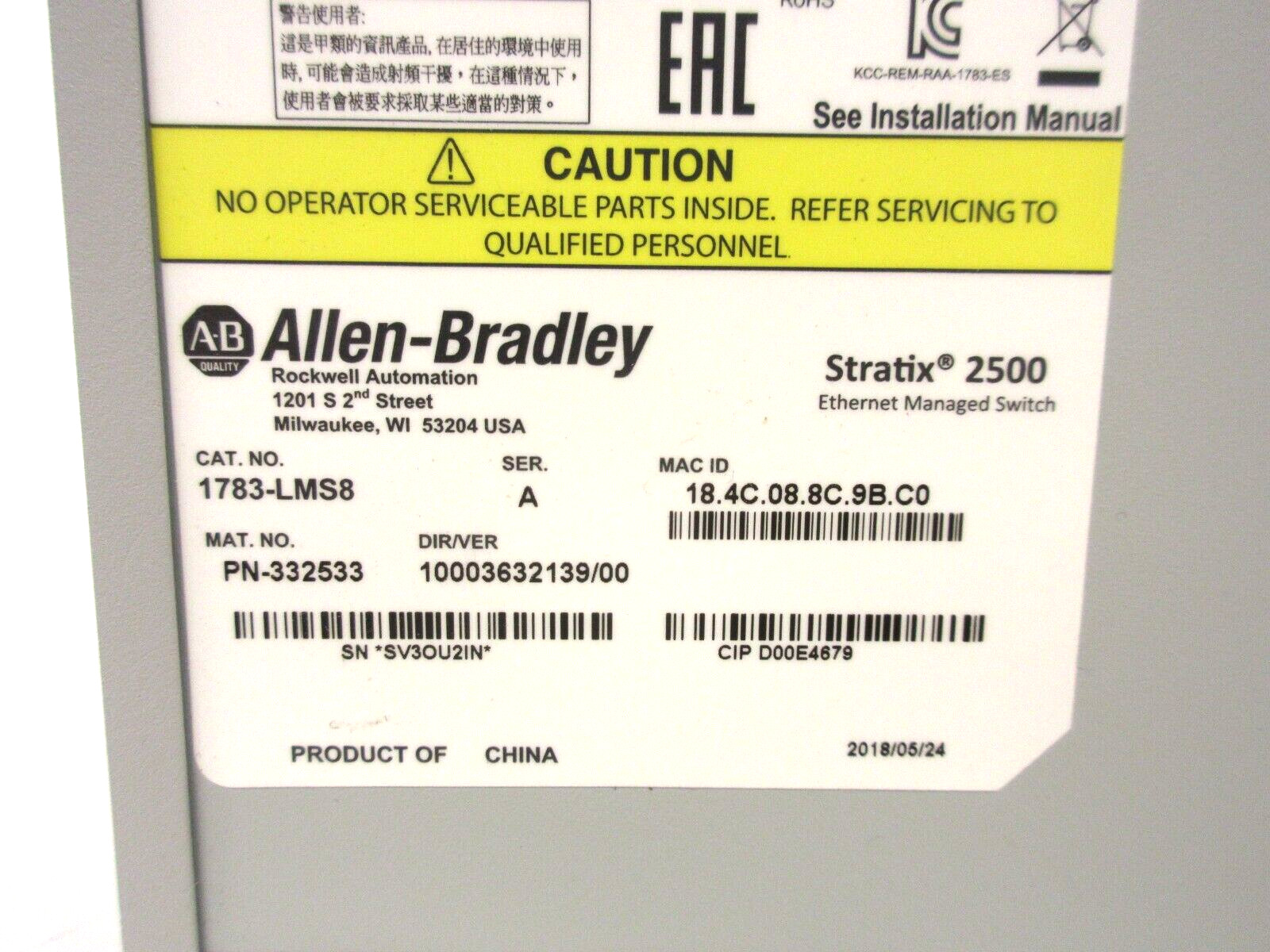 Allen-Bradley 1783-LMS8 Stratix 2500 8 Port Ethernet Managed Switch Mfg 2018
