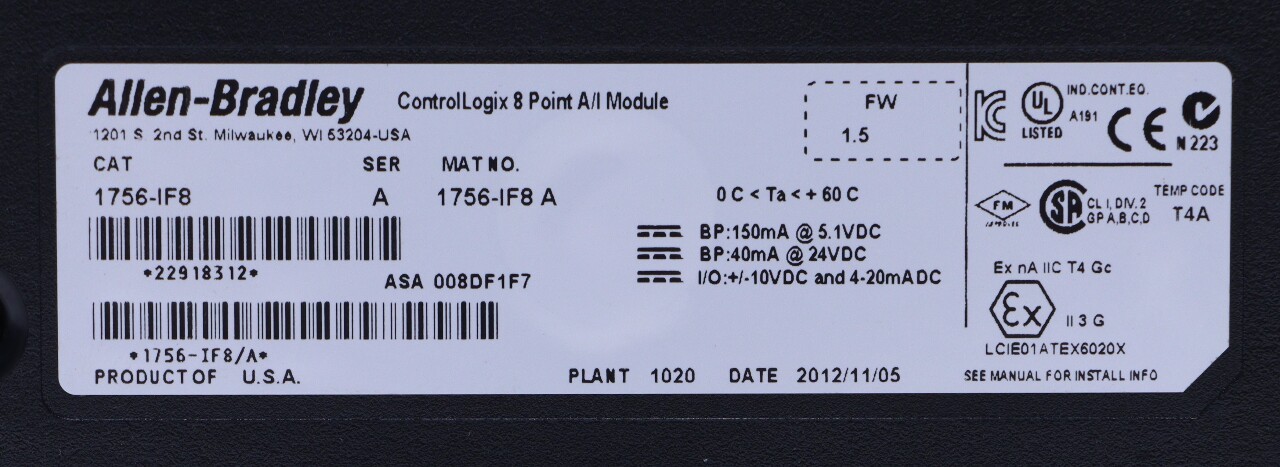 * ALLEN BRADLEY 1756-IF8 SERIES A 8 POINT ANALOG INPUT MODULE *NO FRONT COVER*