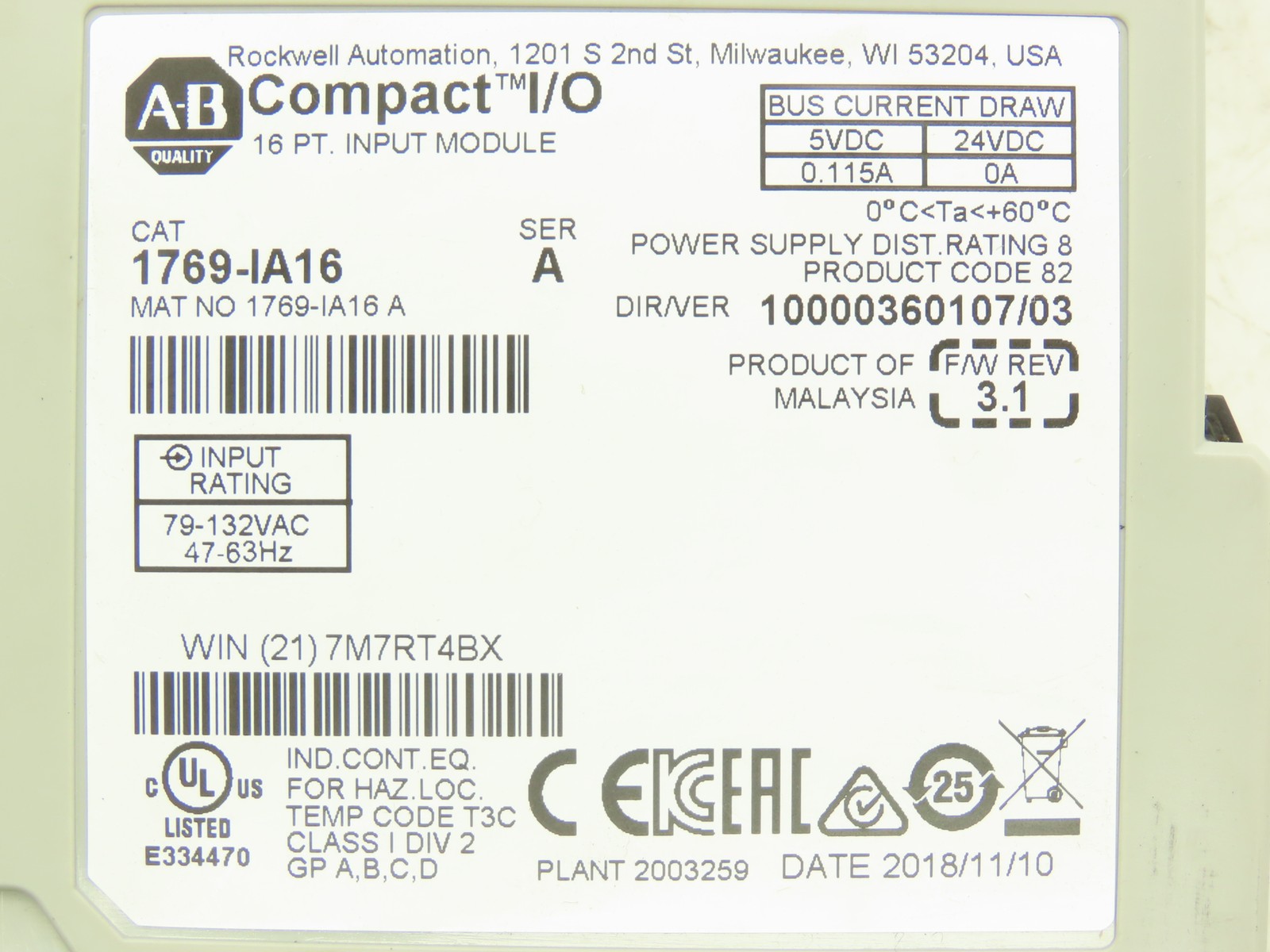Allen Bradley 1769-IA16 Compact Logix I/O Input Module 16Pt Ser A FW 3.1