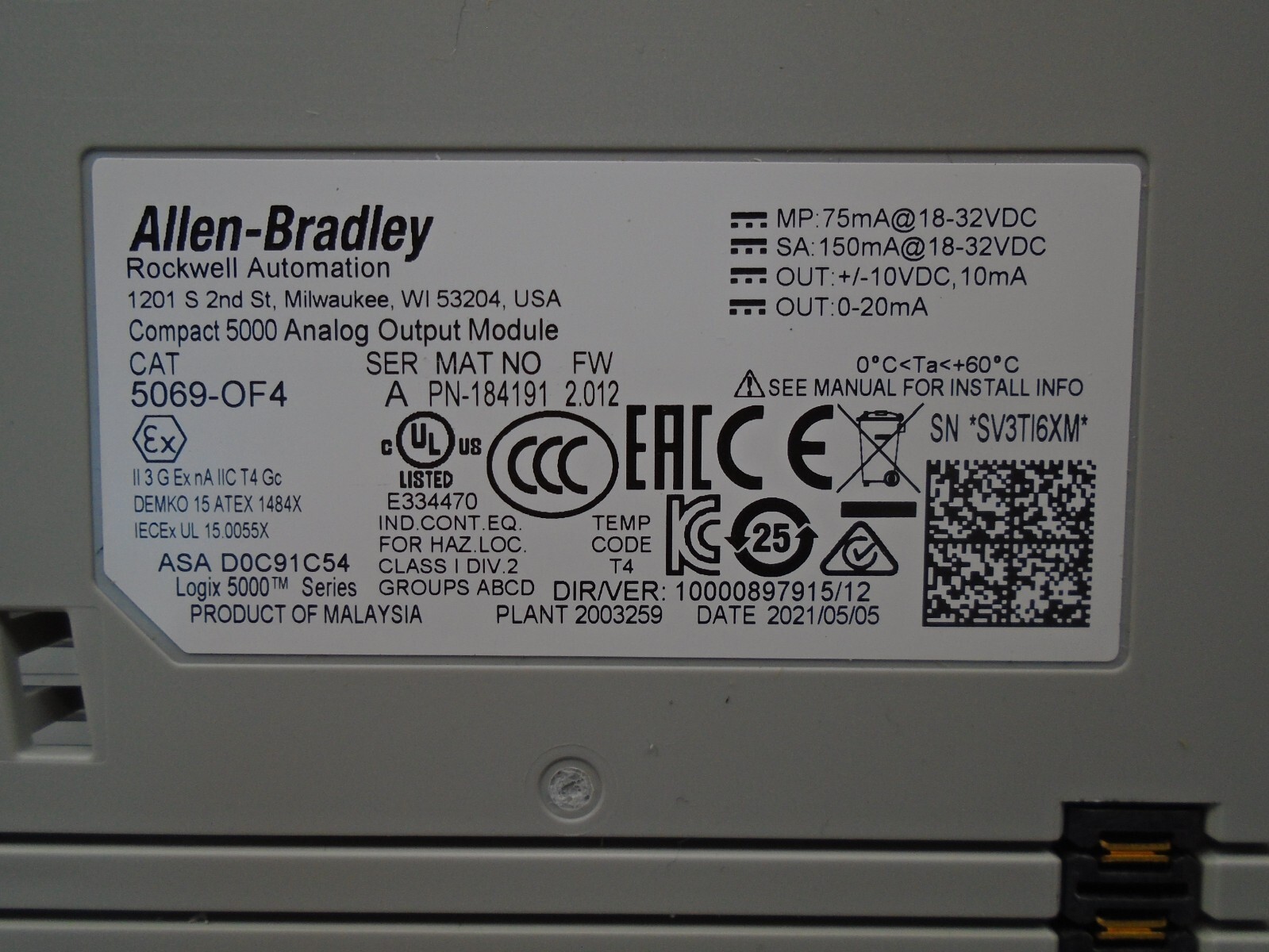 Allen Bradley 5069-OF4 Analog Output PN-184191 5069-0F4 N114