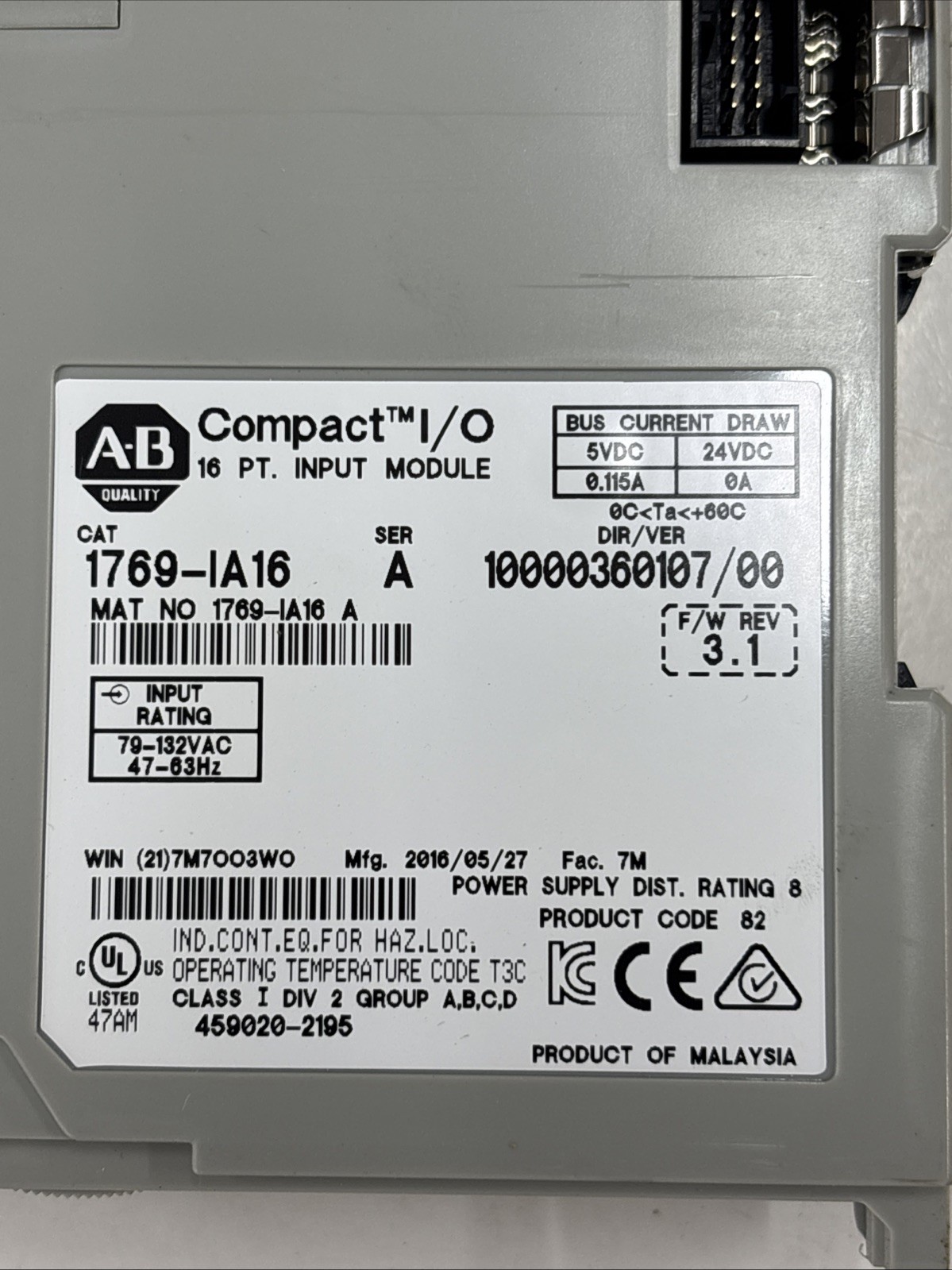 Allen-Bradley 1769-IA16 Ser. A Input Module F/W Rev. 3.1