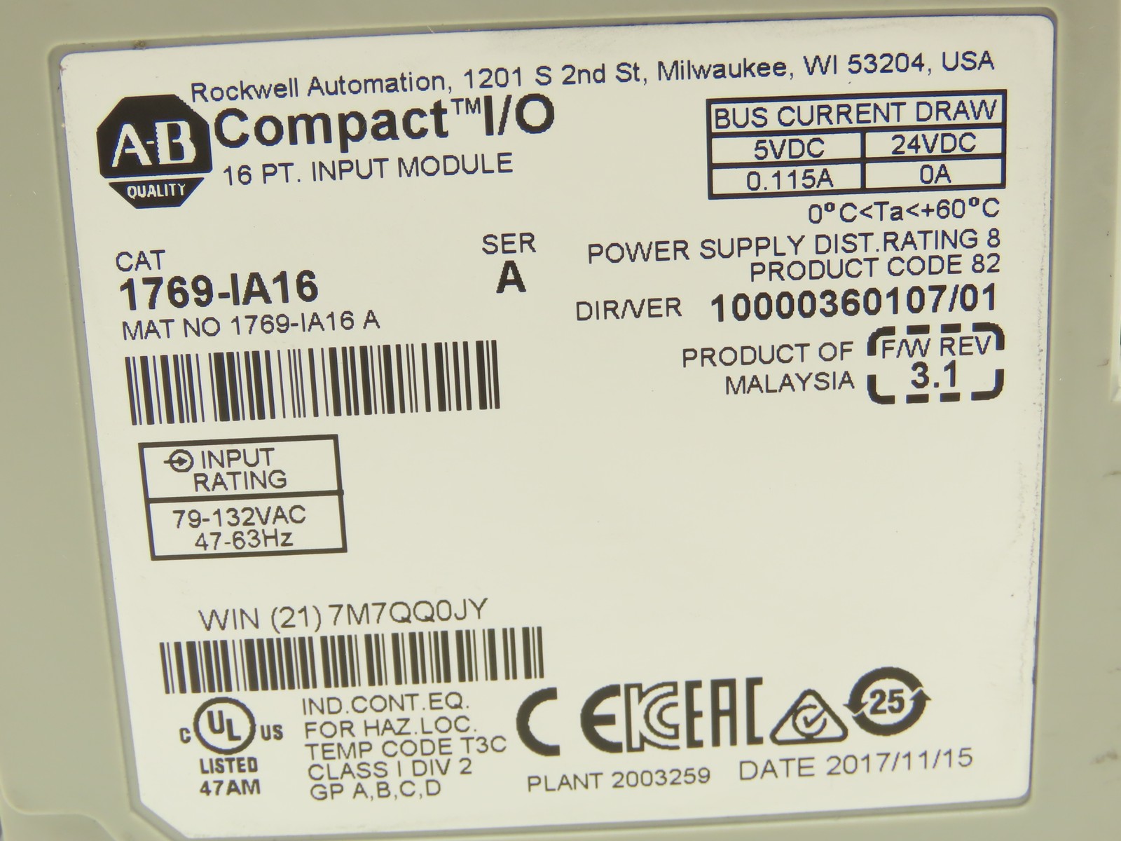 Allen Bradley 1769-IA16 Compact Logix I/O Input Module 16Pt 115VAC Ser A