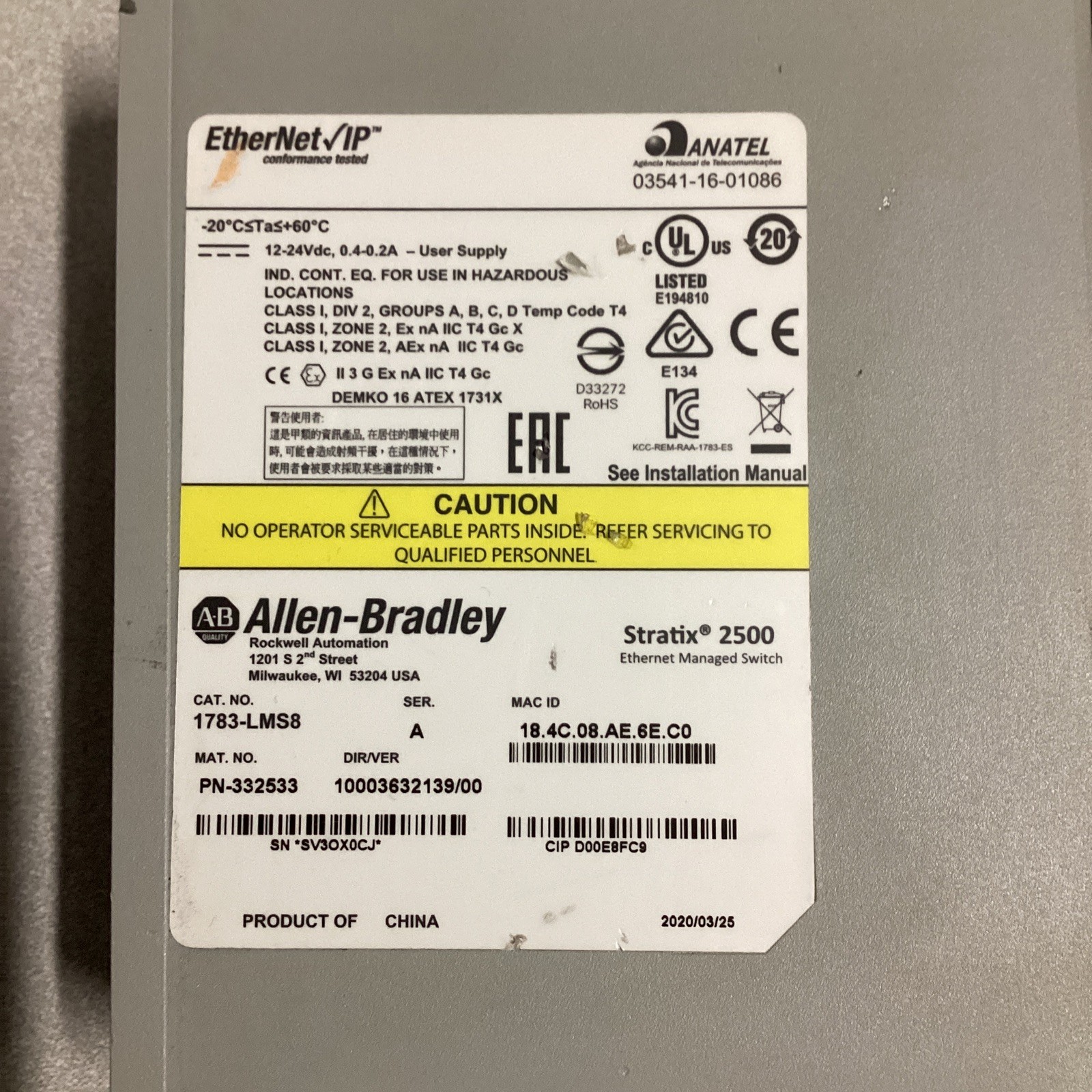 Refurbish Allen Bradley Stratix 2500 Ethernet Managed Switch, CAT: 1783-LMS8