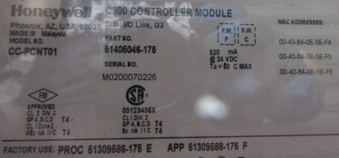 😃 HONEYWELL C300 CONTROLLER MODULE 24 VDC CC-PCNT01 51405046-175