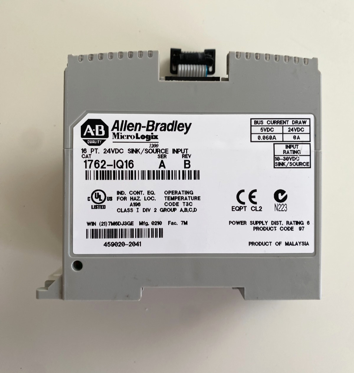 Allen Bradley Micrologix 16 pt. 24 VDC Sink/Source Input 1762-IQ16 SER A REV B
