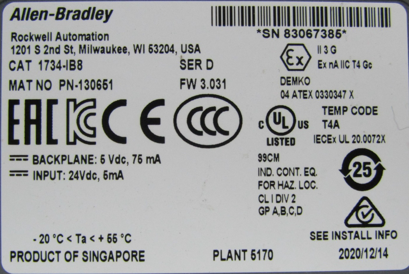 😏 NEW ALLEN-BRADLEY SINK INPUT 24 VDC INPUT 5 VDC BACKPLANE 1734-IB8