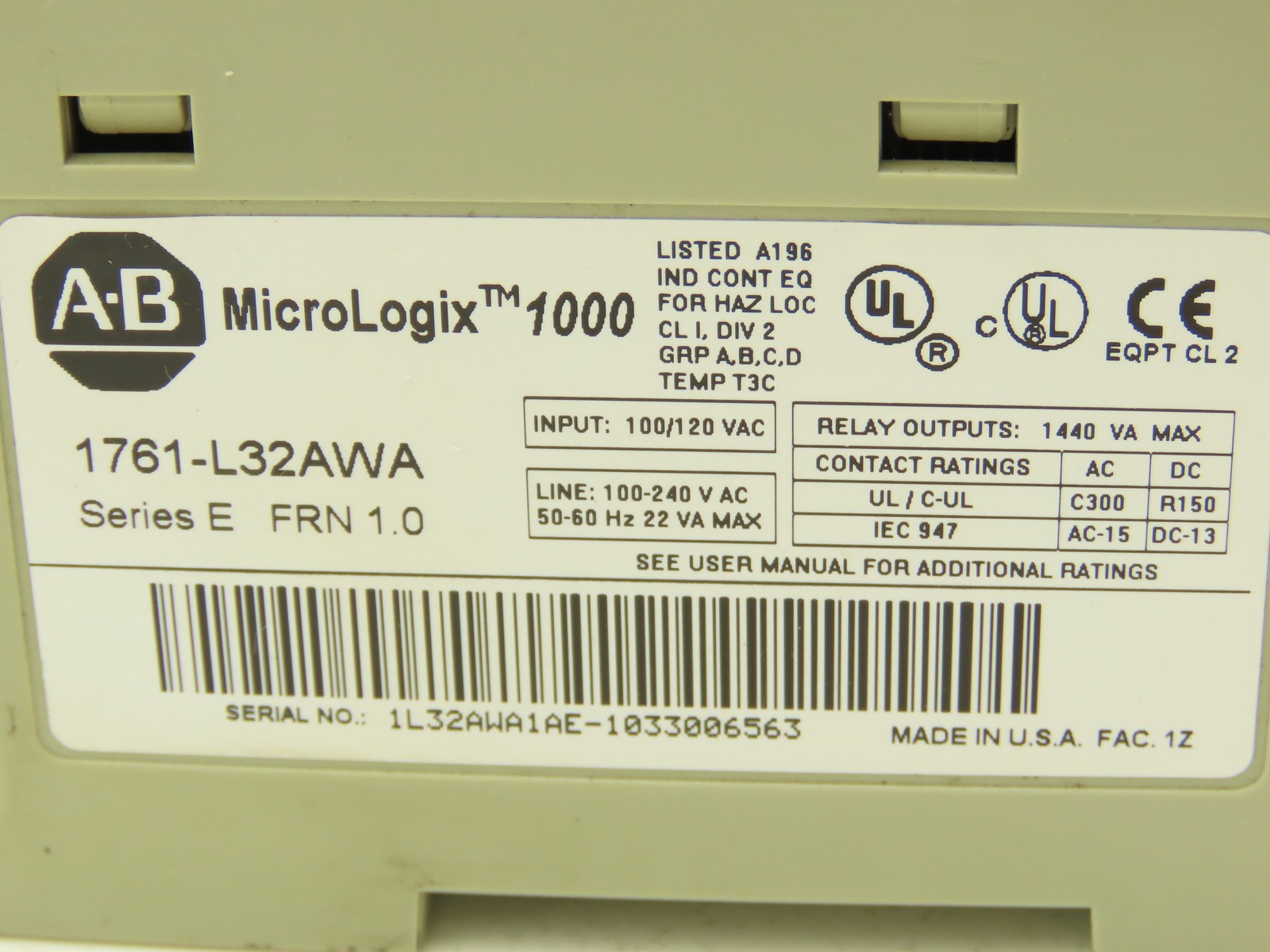 Allen Bradley 1761-L32AWA MicroLogix 1000 PLC Controller 100-240VAC Series E