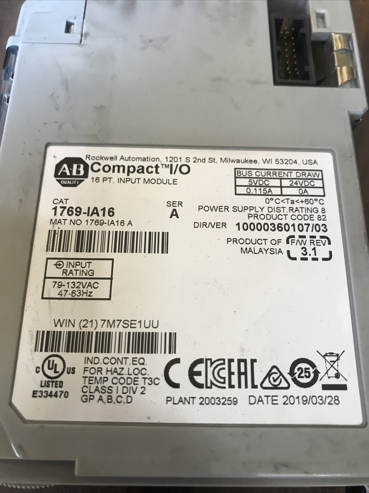 Allen Bradley 1769-IA16/A Compact I/O 16 PT Input Module F/W 3.1 Tested